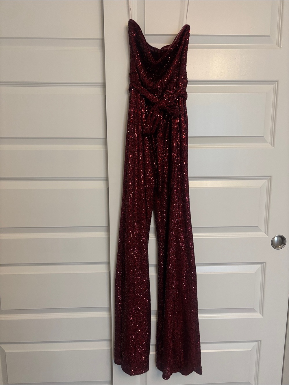 Lulu's Burgundy Sequin Strapless Jumpsuit